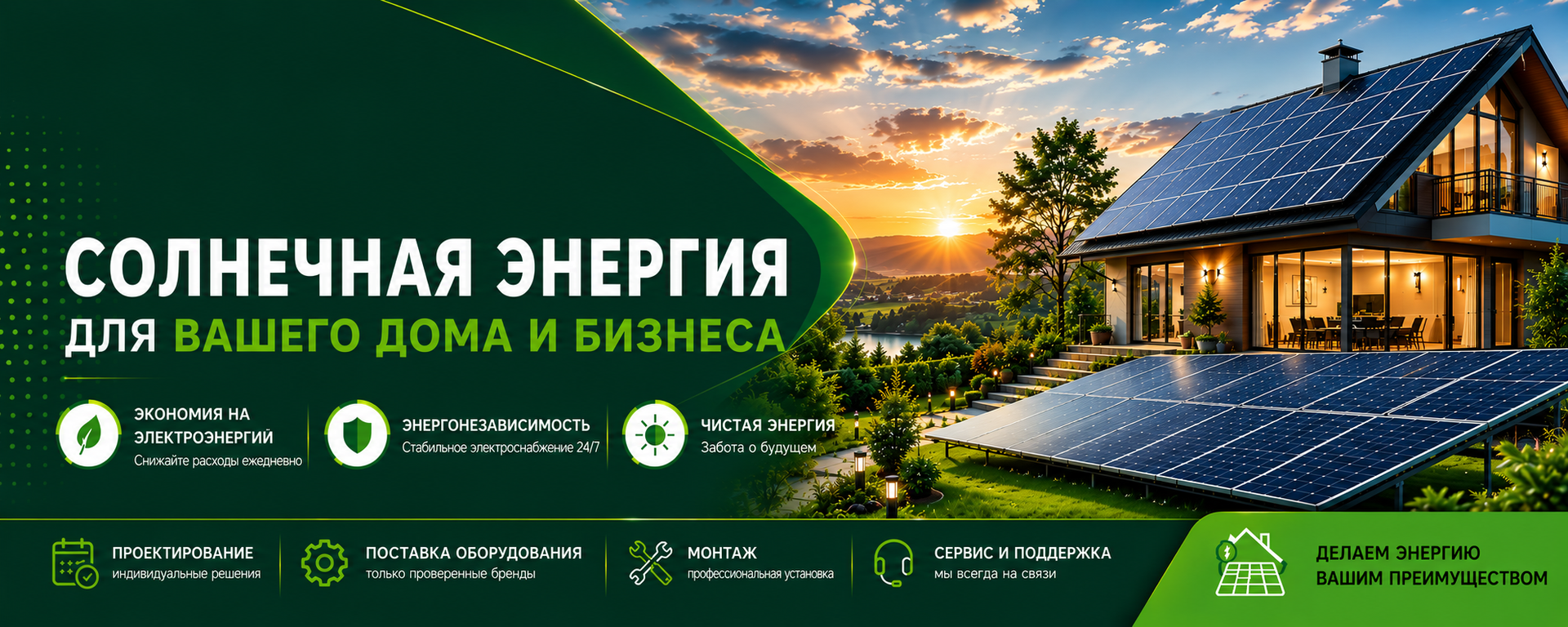 Баннер SOLAR ENERGY с солнечными панелями на современном доме, решение для экономии электроэнергии и энергонезависимости