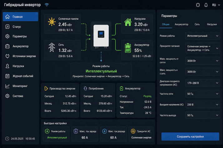 Меню настроек гибридного инвертора
