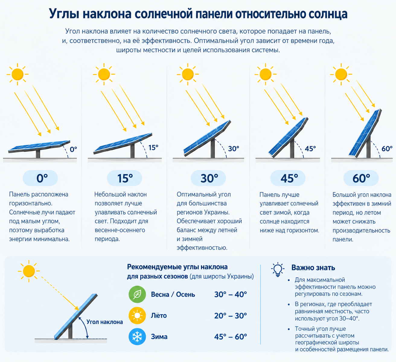 Схема: Разные углы наклона панели относительно солнца