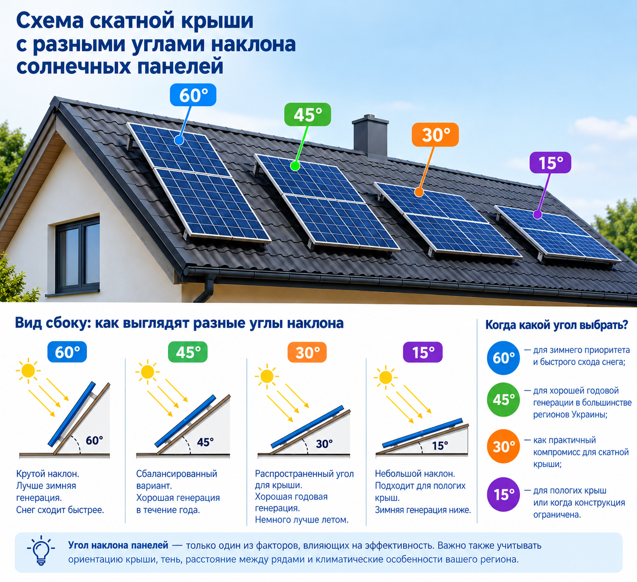 Схема скатной крыши с разными углами наклона солнечных панелей