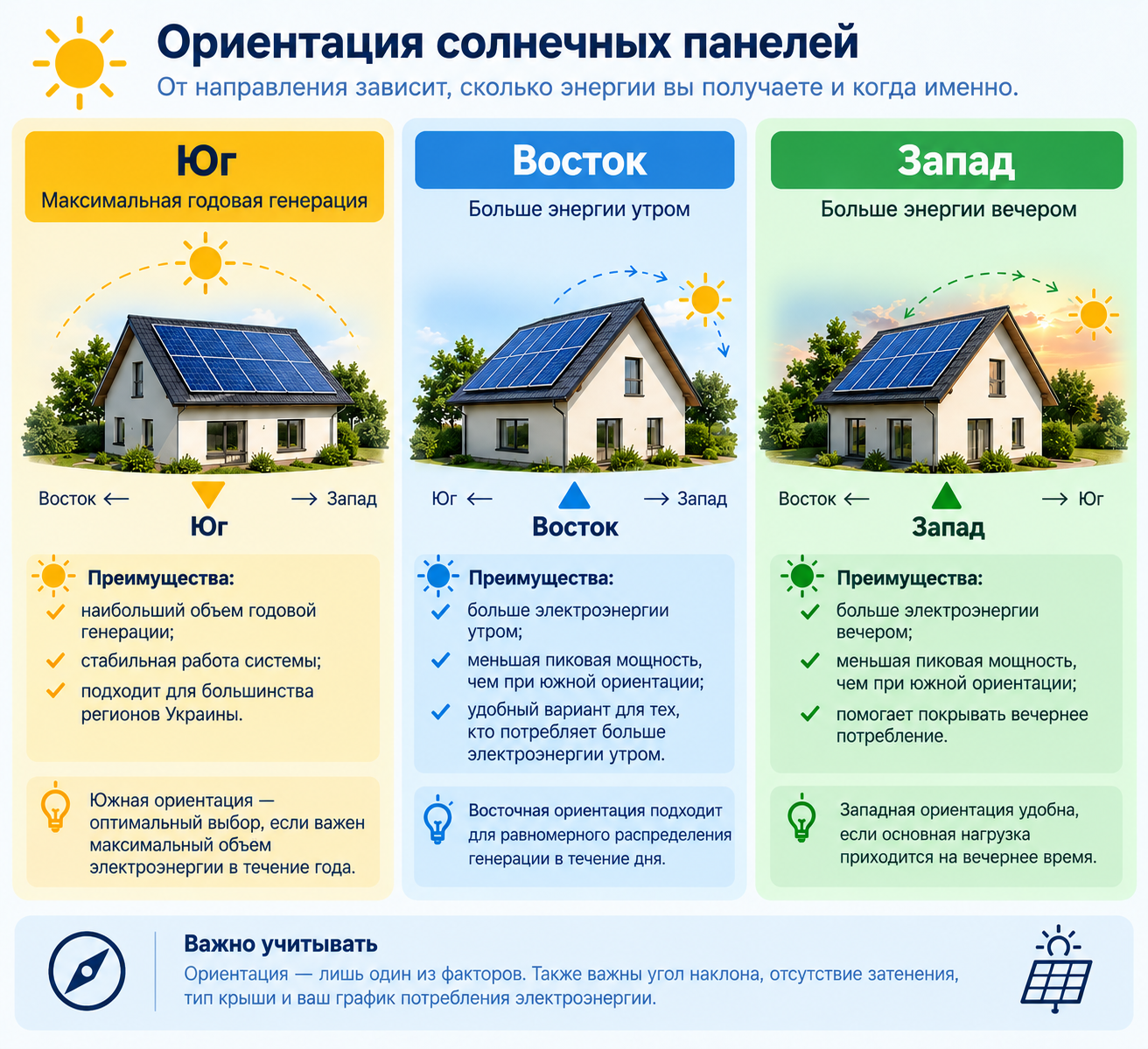 Инфографика: Ориентация солнечных панелей на юг, восток и запад