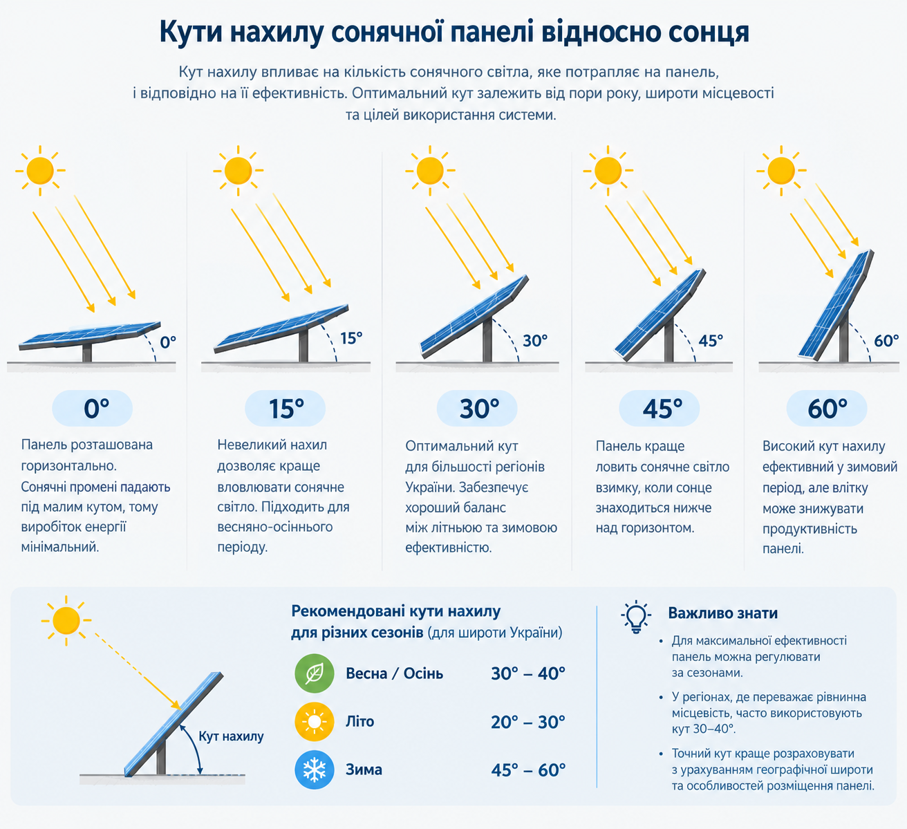 Схема: Різні кути нахилу панелі відносно сонця