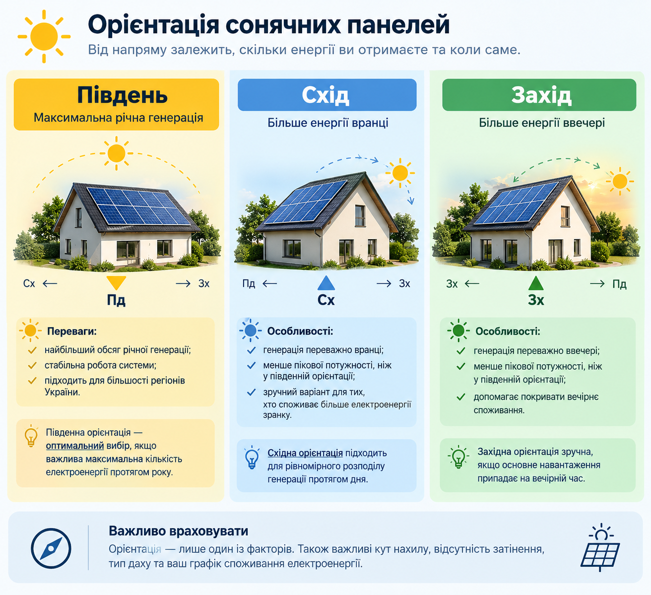 Інфографіка: Орієнтація сонячних панелей на південь, схід і захід