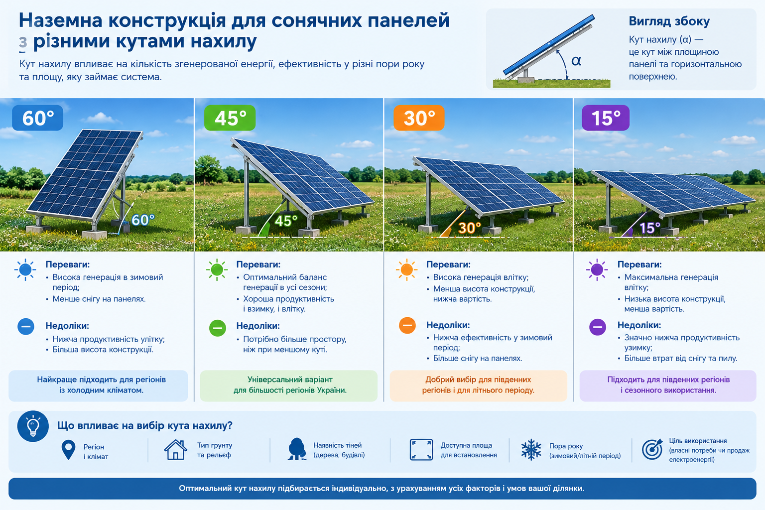 Схема наземної конструкції з різними кутами нахилу сонячних панелей