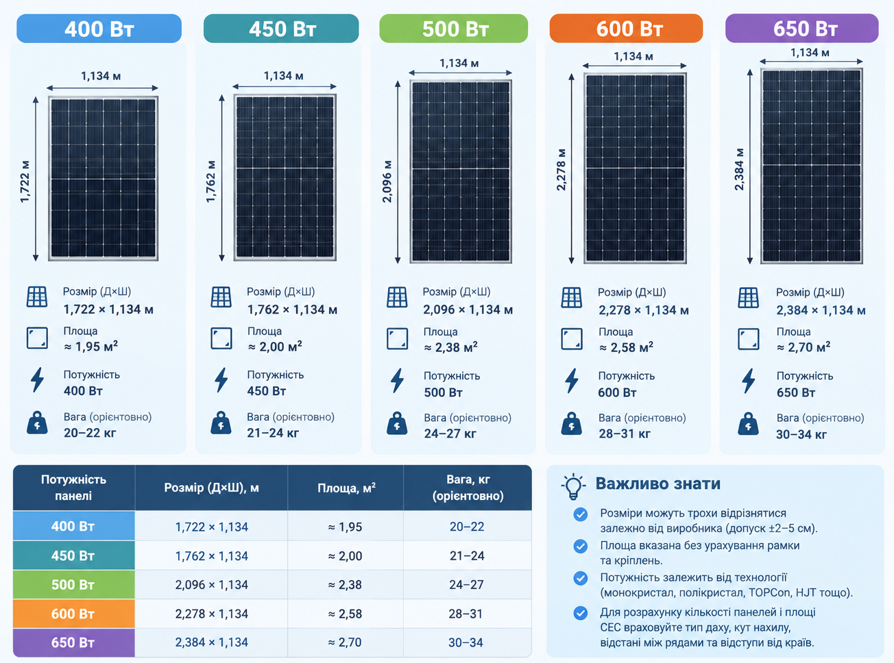 Порівняння розміру панелей 400, 450, 500, 600 і 650 Вт