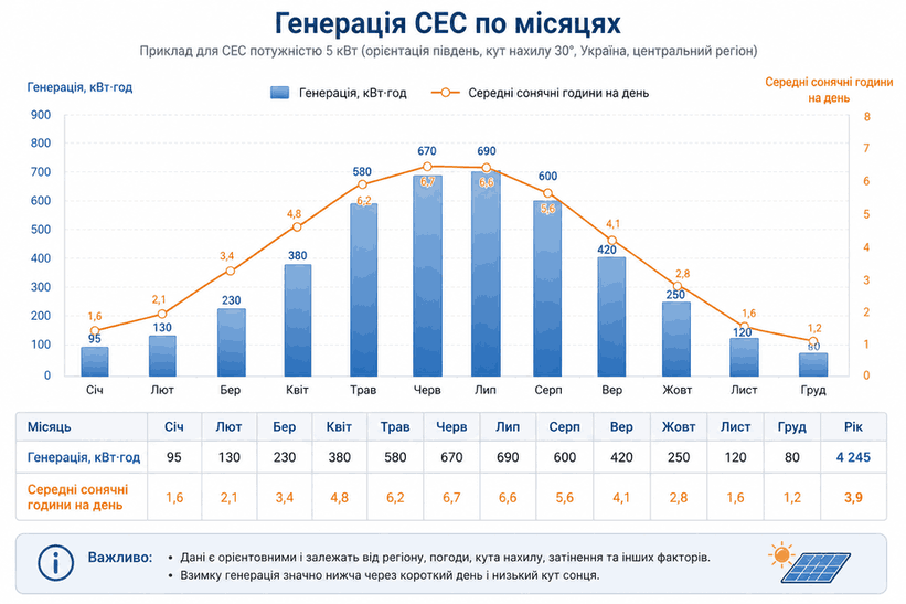 Графік генерації СЕС по місяцях