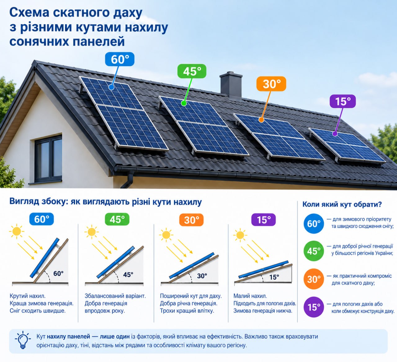 Схема скатного даху з різними кутами нахилу сонячних панелей